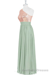 Rose Gold Sequins One-Shoulder Long Bridesmaid Dresses